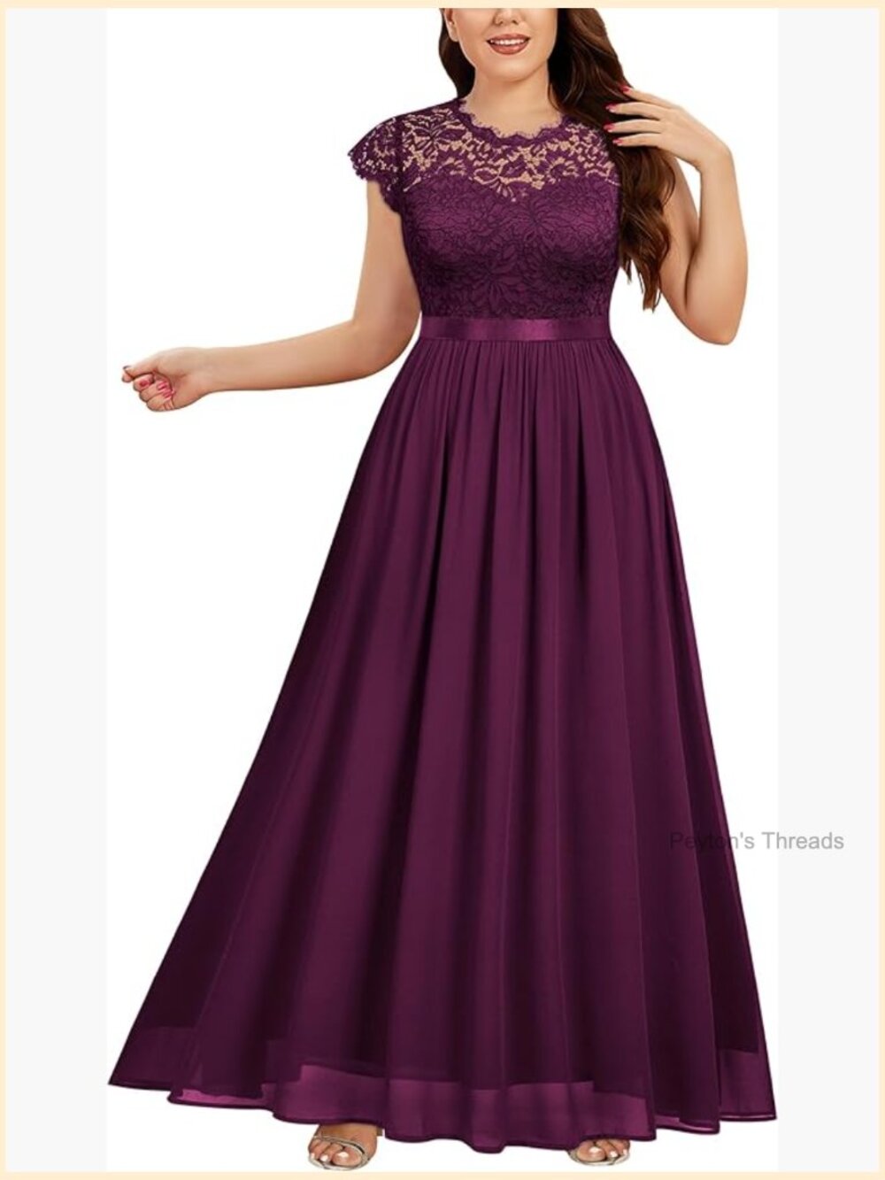 Plus Size Formal Lace Cap Sleeve Maxi Dress with Scoop Neck